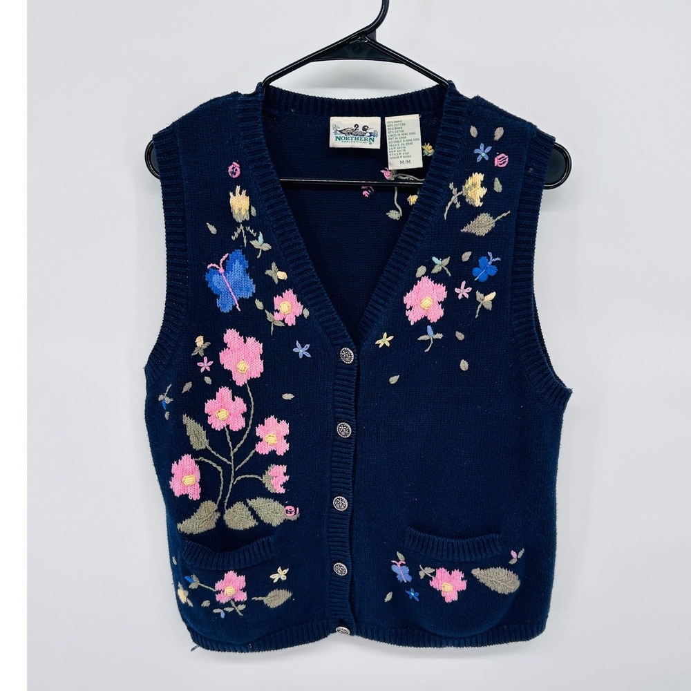 Northern Reflections Embroidered Floral Butterfly Navy Blue Vest Women's M/M‎
